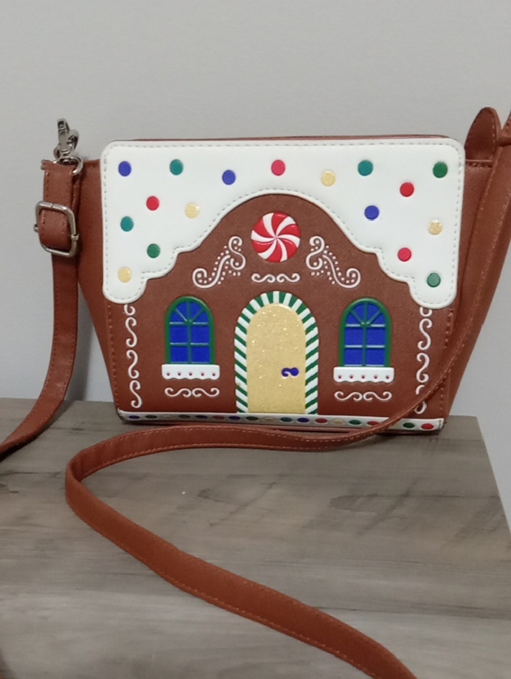 Gingerbread House Crossbody Bag - Brown & White Candy Accent